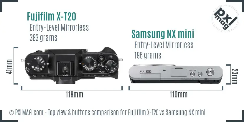 Fujifilm X-T20 vs Samsung NX mini top view buttons comparison