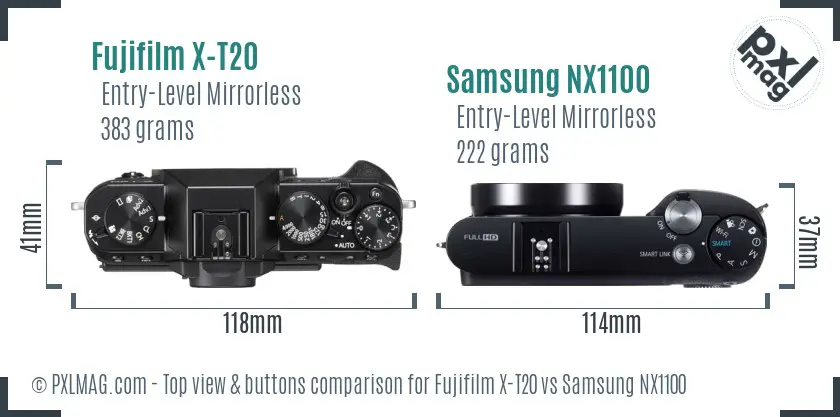 Fujifilm X-T20 vs Samsung NX1100 top view buttons comparison