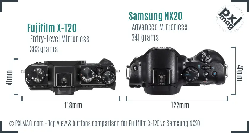 Fujifilm X-T20 vs Samsung NX20 top view buttons comparison