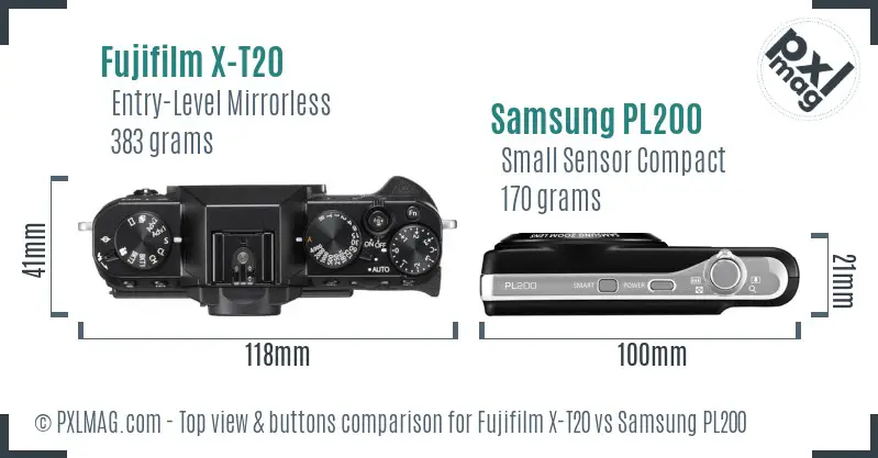Fujifilm X-T20 vs Samsung PL200 top view buttons comparison