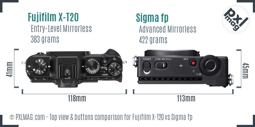 Fujifilm X-T20 vs Sigma fp top view buttons comparison