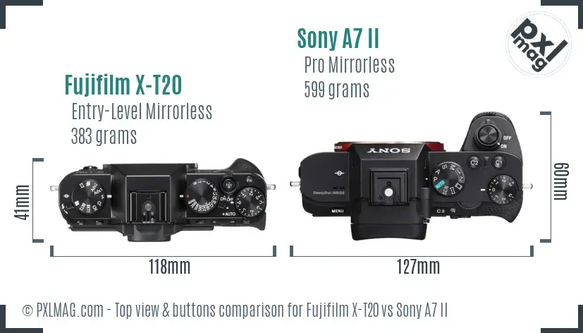Fujifilm X-T20 vs Sony A7 II top view buttons comparison