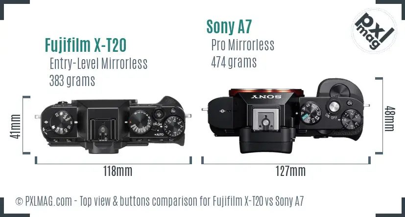 Fujifilm X-T20 vs Sony A7 top view buttons comparison