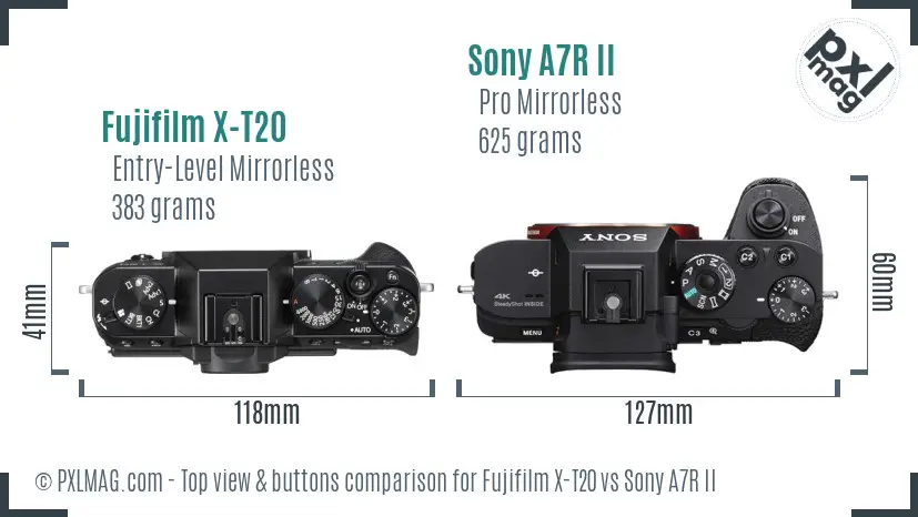 Fujifilm X-T20 vs Sony A7R II top view buttons comparison