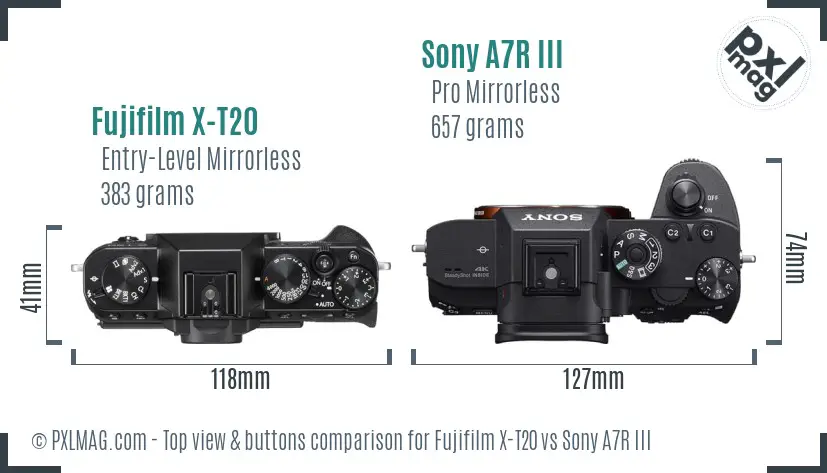 Fujifilm X-T20 vs Sony A7R III top view buttons comparison