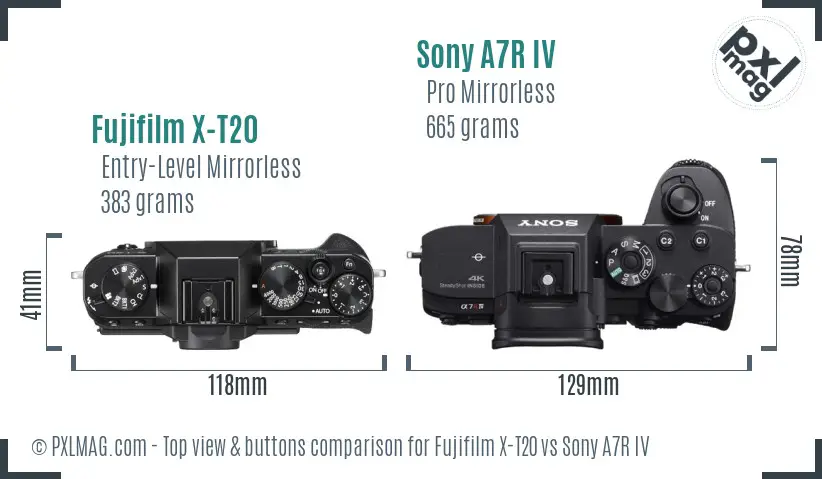 Fujifilm X-T20 vs Sony A7R IV top view buttons comparison
