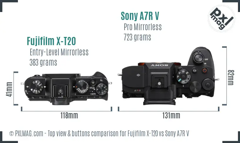 Fujifilm X-T20 vs Sony A7R V top view buttons comparison