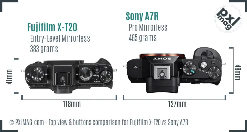 Fujifilm X-T20 vs Sony A7R top view buttons comparison