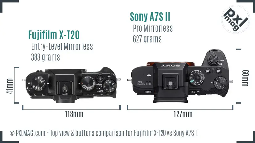 Fujifilm X-T20 vs Sony A7S II top view buttons comparison