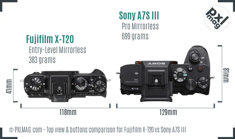 Fujifilm X-T20 vs Sony A7S III top view buttons comparison