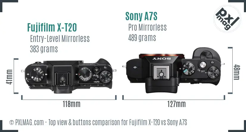 Fujifilm X-T20 vs Sony A7S top view buttons comparison