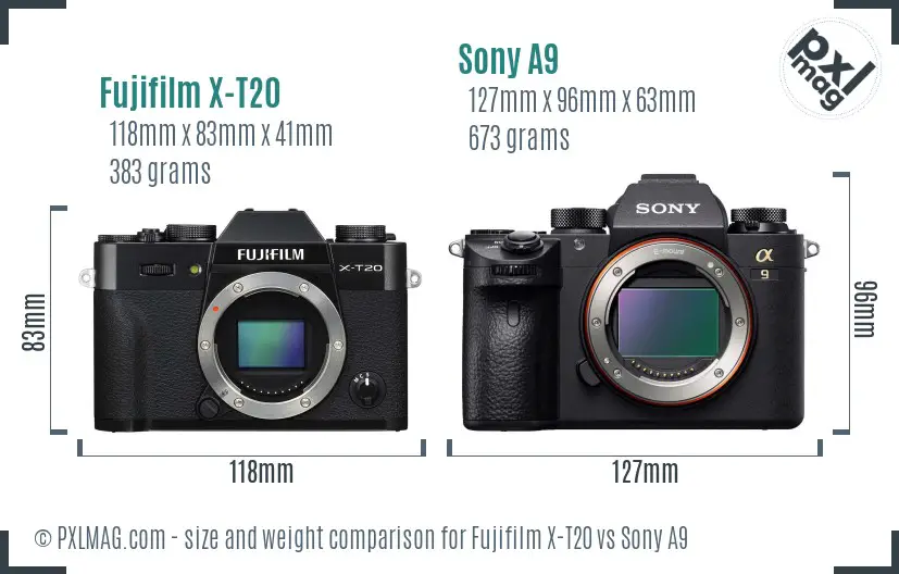 Fujifilm X-T20 vs Sony A9 size comparison