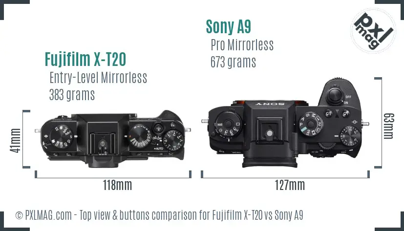 Fujifilm X-T20 vs Sony A9 top view buttons comparison