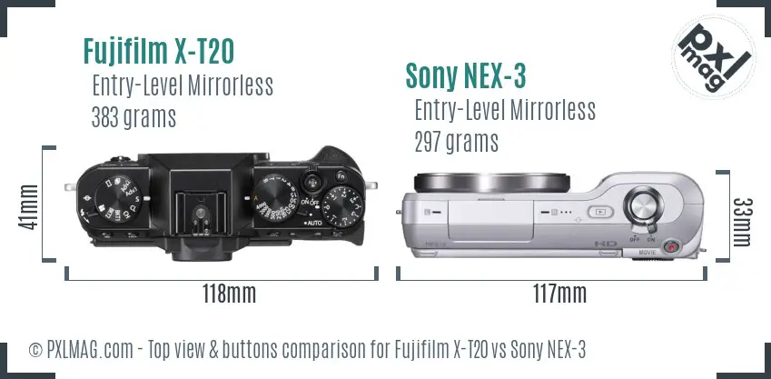 Fujifilm X-T20 vs Sony NEX-3 top view buttons comparison
