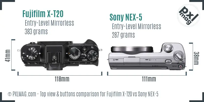 Fujifilm X-T20 vs Sony NEX-5 top view buttons comparison Fujifilm X-T20 vs Sony NEX-5 top view buttons comparison