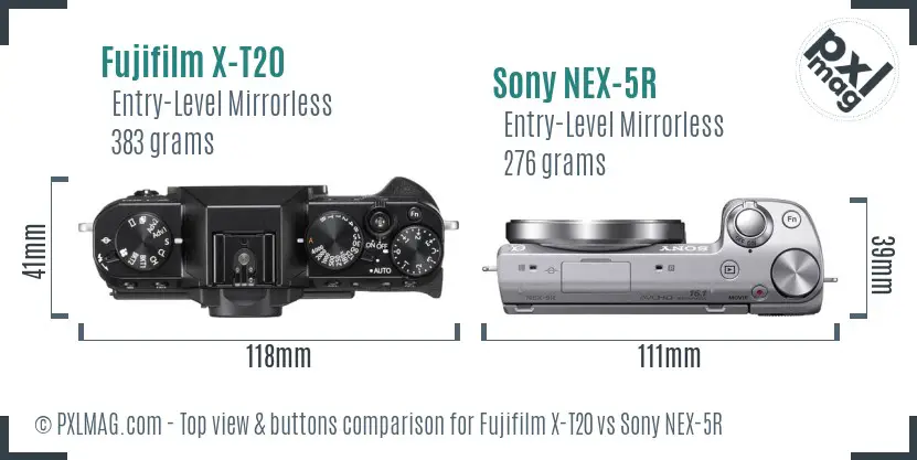 Fujifilm X-T20 vs Sony NEX-5R top view buttons comparison