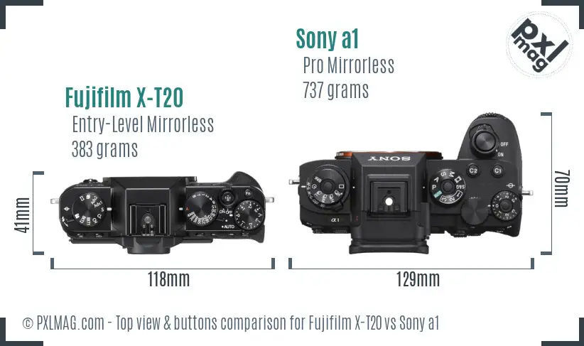 Fujifilm X-T20 vs Sony a1 top view buttons comparison