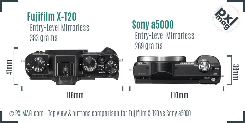 Fujifilm X-T20 vs Sony a5000 top view buttons comparison