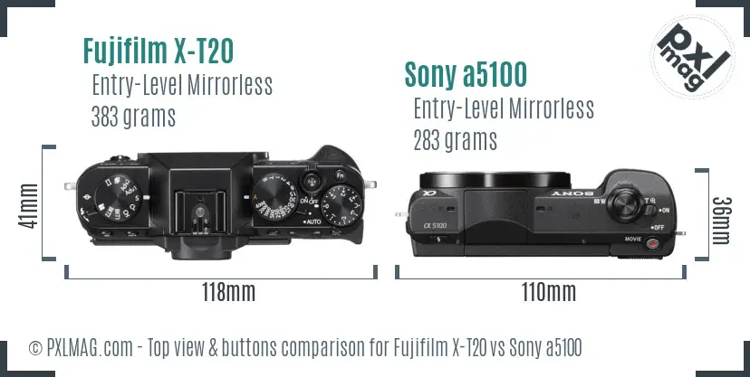 Fujifilm X-T20 vs Sony a5100 top view buttons comparison