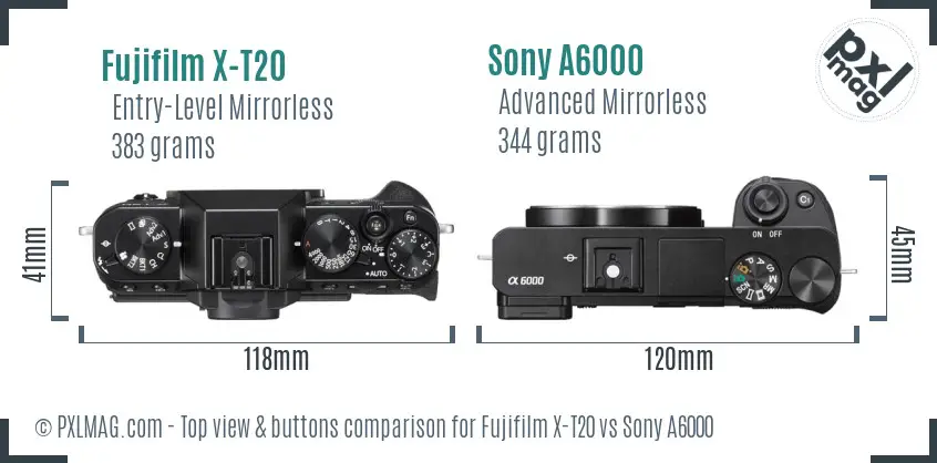 Fujifilm X-T20 vs Sony A6000 top view buttons comparison