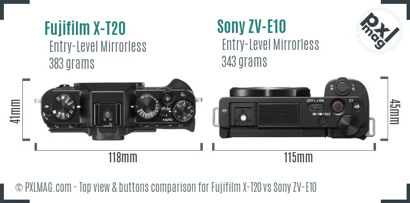 Fujifilm X-T20 vs Sony ZV-E10 top view buttons comparison
