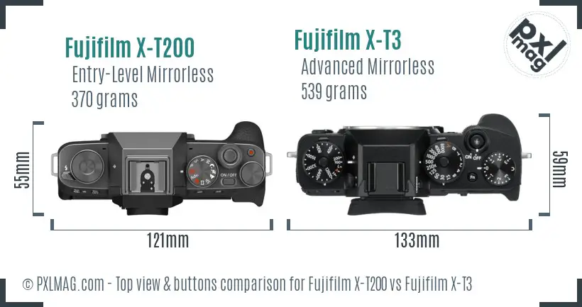 Fujifilm X-T200 vs Fujifilm X-T3 top view buttons comparison