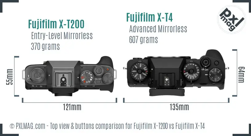 Fujifilm X-T200 vs Fujifilm X-T4 top view buttons comparison