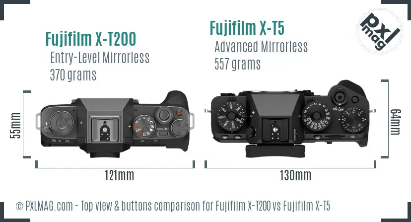Fujifilm X-T200 vs Fujifilm X-T5 top view buttons comparison