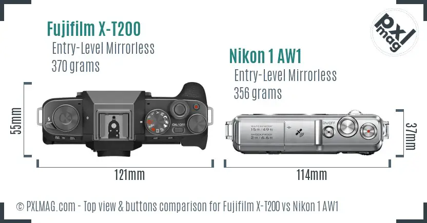 Fujifilm X-T200 vs Nikon 1 AW1 top view buttons comparison