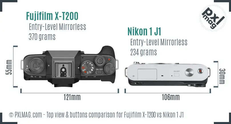 Fujifilm X-T200 vs Nikon 1 J1 top view buttons comparison