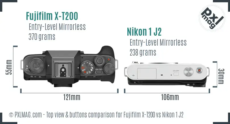 Fujifilm X-T200 vs Nikon 1 J2 top view buttons comparison