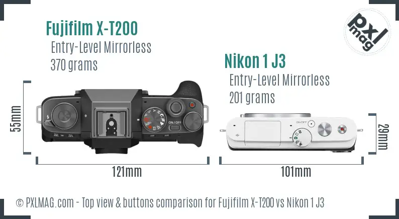 Fujifilm X-T200 vs Nikon 1 J3 top view buttons comparison