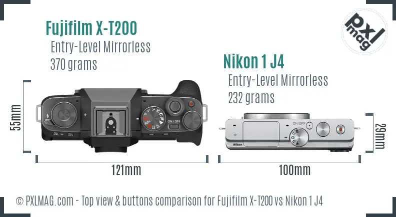 Fujifilm X-T200 vs Nikon 1 J4 top view buttons comparison
