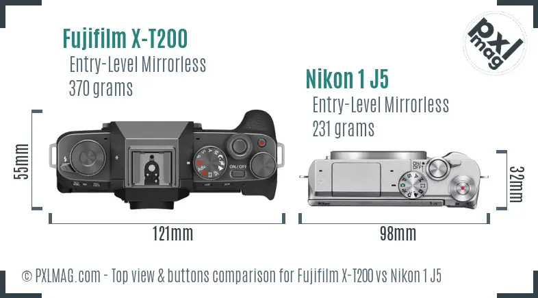 Fujifilm X-T200 vs Nikon 1 J5 top view buttons comparison