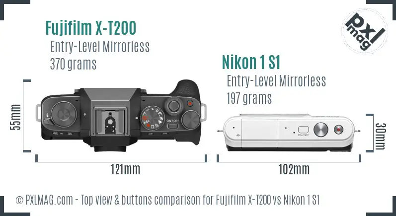 Fujifilm X-T200 vs Nikon 1 S1 top view buttons comparison