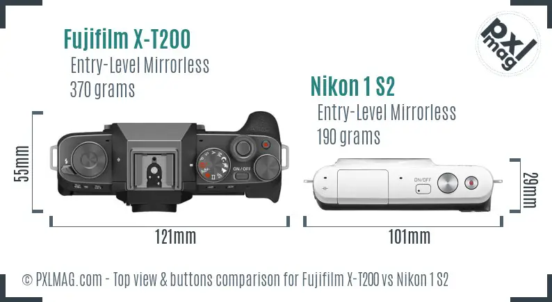 Fujifilm X-T200 vs Nikon 1 S2 top view buttons comparison