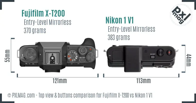 Fujifilm X-T200 vs Nikon 1 V1 top view buttons comparison
