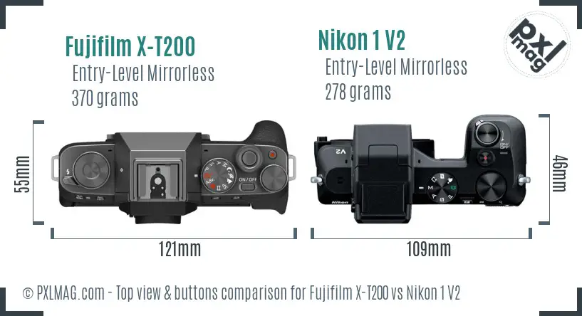Fujifilm X-T200 vs Nikon 1 V2 top view buttons comparison