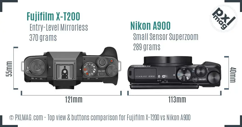 Fujifilm X-T200 vs Nikon A900 top view buttons comparison