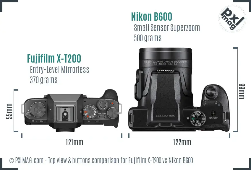 Fujifilm X-T200 vs Nikon B600 top view buttons comparison