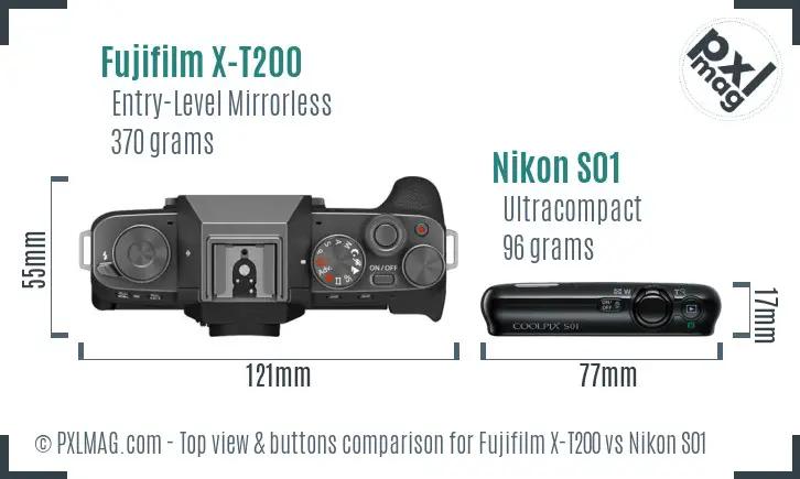 Fujifilm X-T200 vs Nikon S01 top view buttons comparison