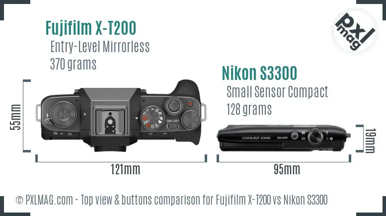 Fujifilm X-T200 vs Nikon S3300 top view buttons comparison