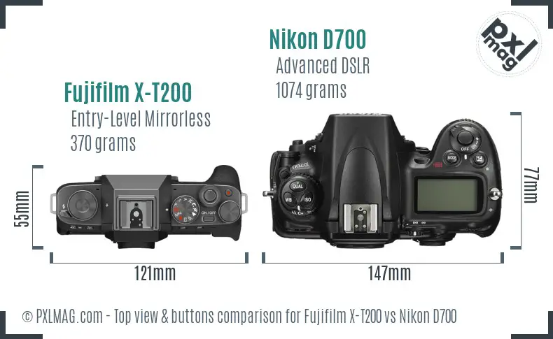 Fujifilm X-T200 vs Nikon D700 top view buttons comparison
