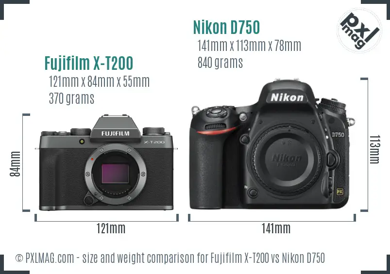 Fujifilm X-T200 vs Nikon D750 size comparison