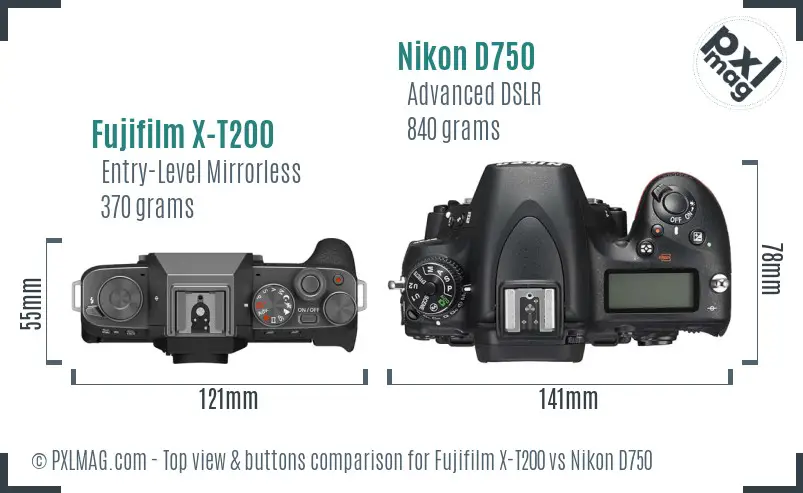 Fujifilm X-T200 vs Nikon D750 top view buttons comparison