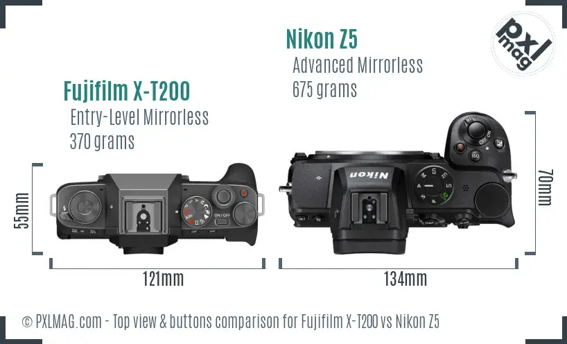 Fujifilm X-T200 vs Nikon Z5 top view buttons comparison