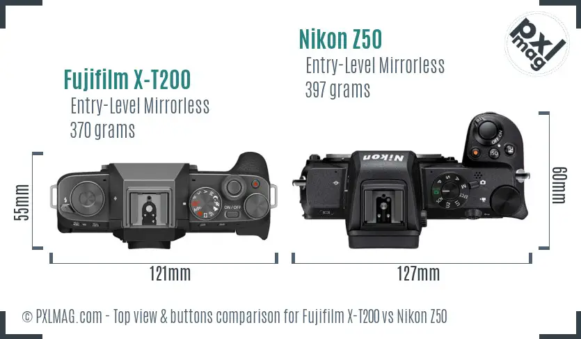 Fujifilm X-T200 vs Nikon Z50 top view buttons comparison