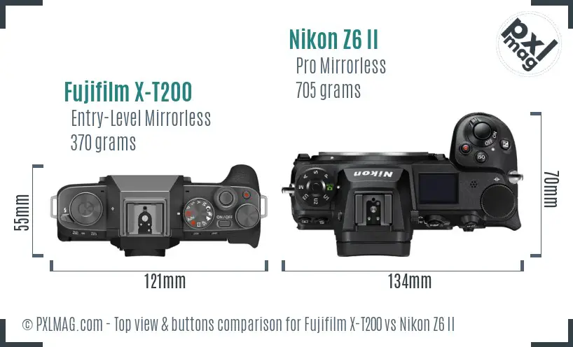 Fujifilm X-T200 vs Nikon Z6 II top view buttons comparison