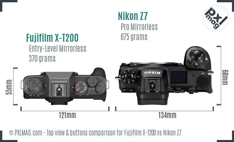 Fujifilm X-T200 vs Nikon Z7 top view buttons comparison