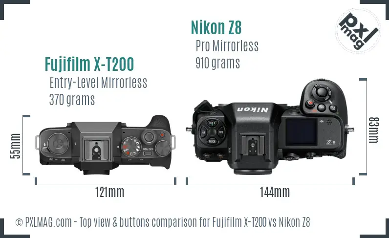 Fujifilm X-T200 vs Nikon Z8 top view buttons comparison